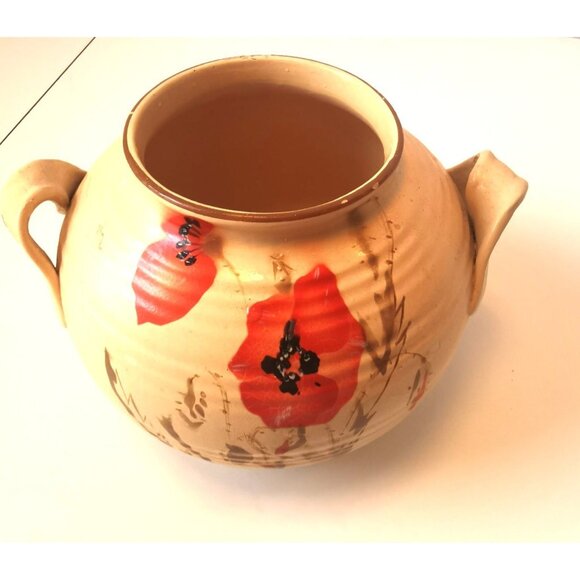 Ceramic Poppy Vase Wide Scroll Handles Art Deco Circa 1940s Floral Pottery - Picture 10 of 11